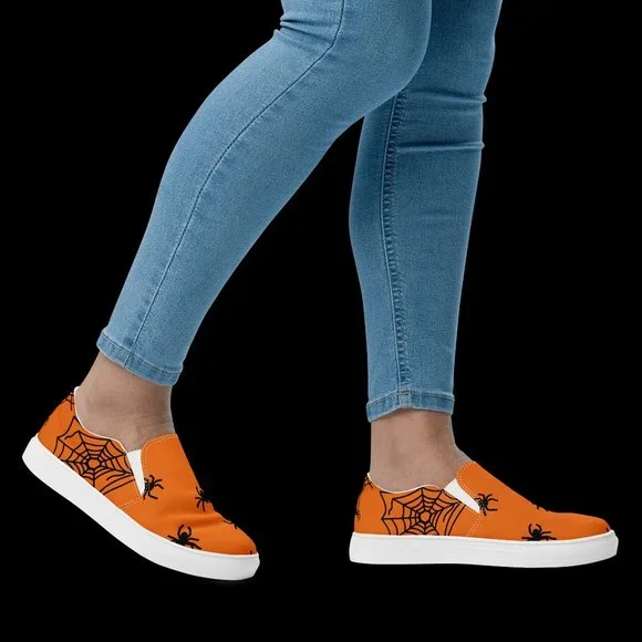 women's slip-on spider canvas shoes orange & black Halloween  fall spiderweb - Picture 10 of 14